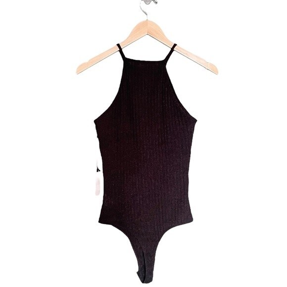NWT ASTR Bodysuit High Halter Neck Black Soft Ribbed Knit One Piece Size Medium - Picture 2 of 9